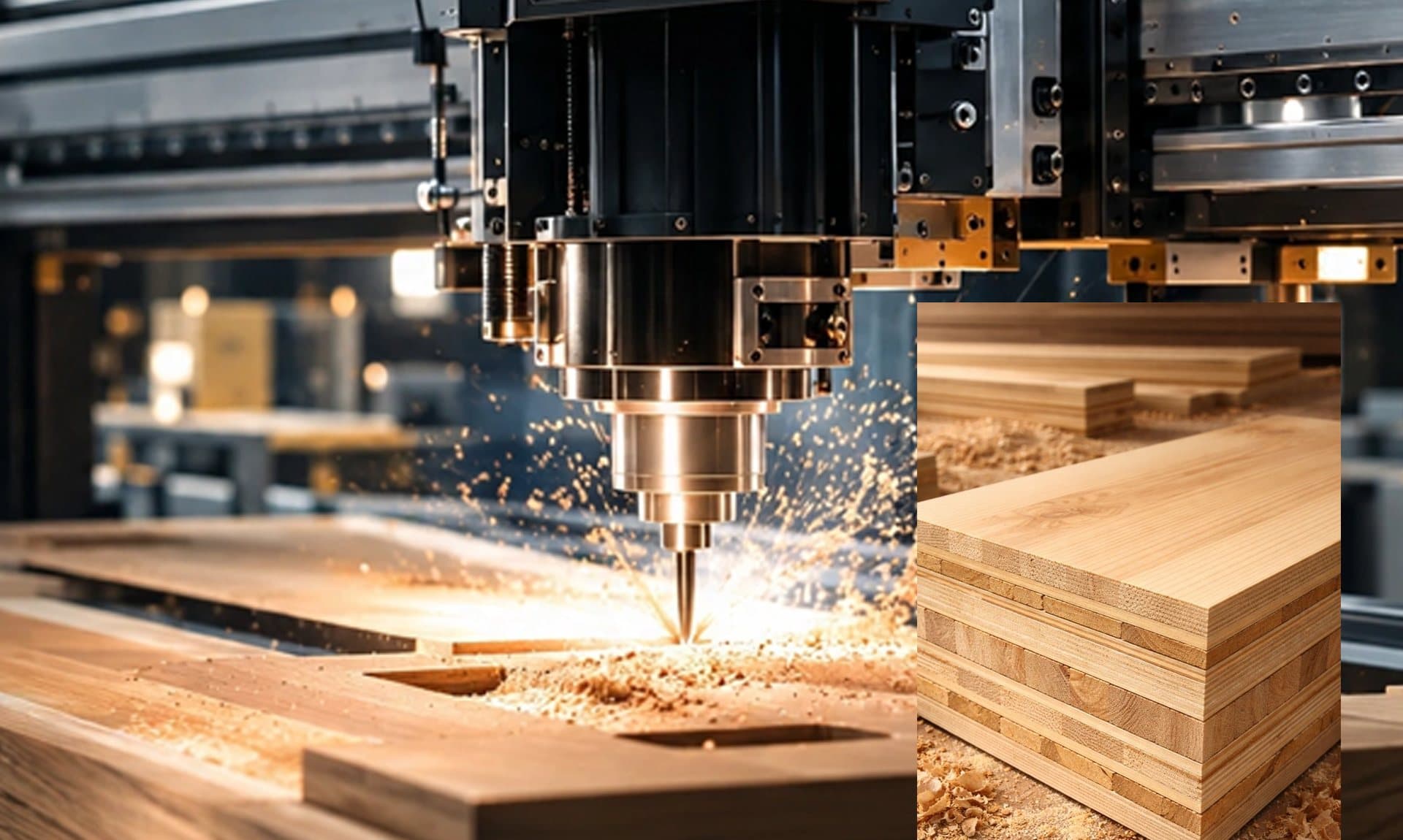 CNC router cutting a hardwood panel with sawdust spraying