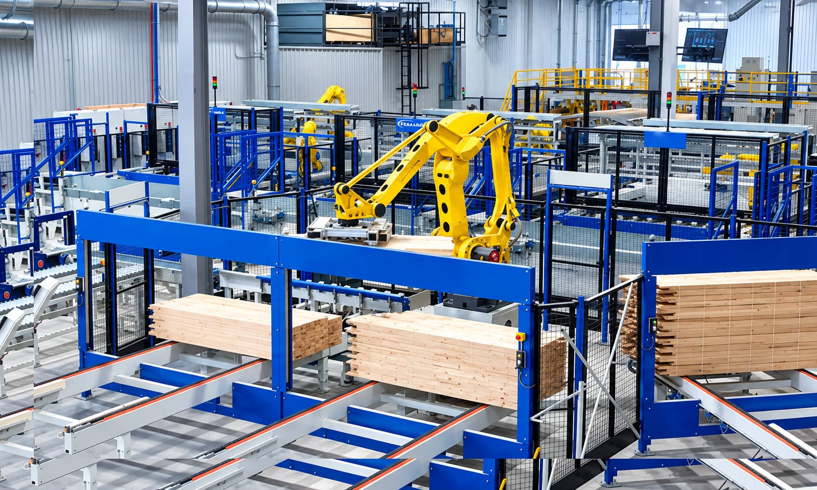 Yellow robotic arm stacking wood panels on a production line