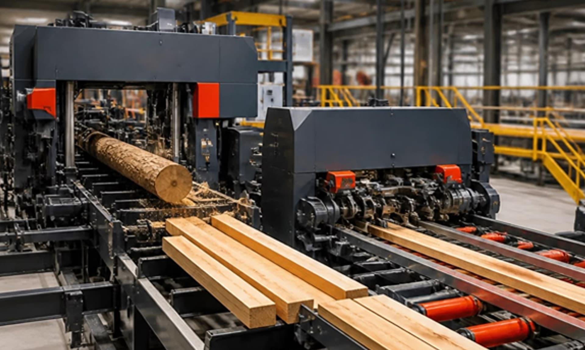 Industrial edger machine processing timber boards