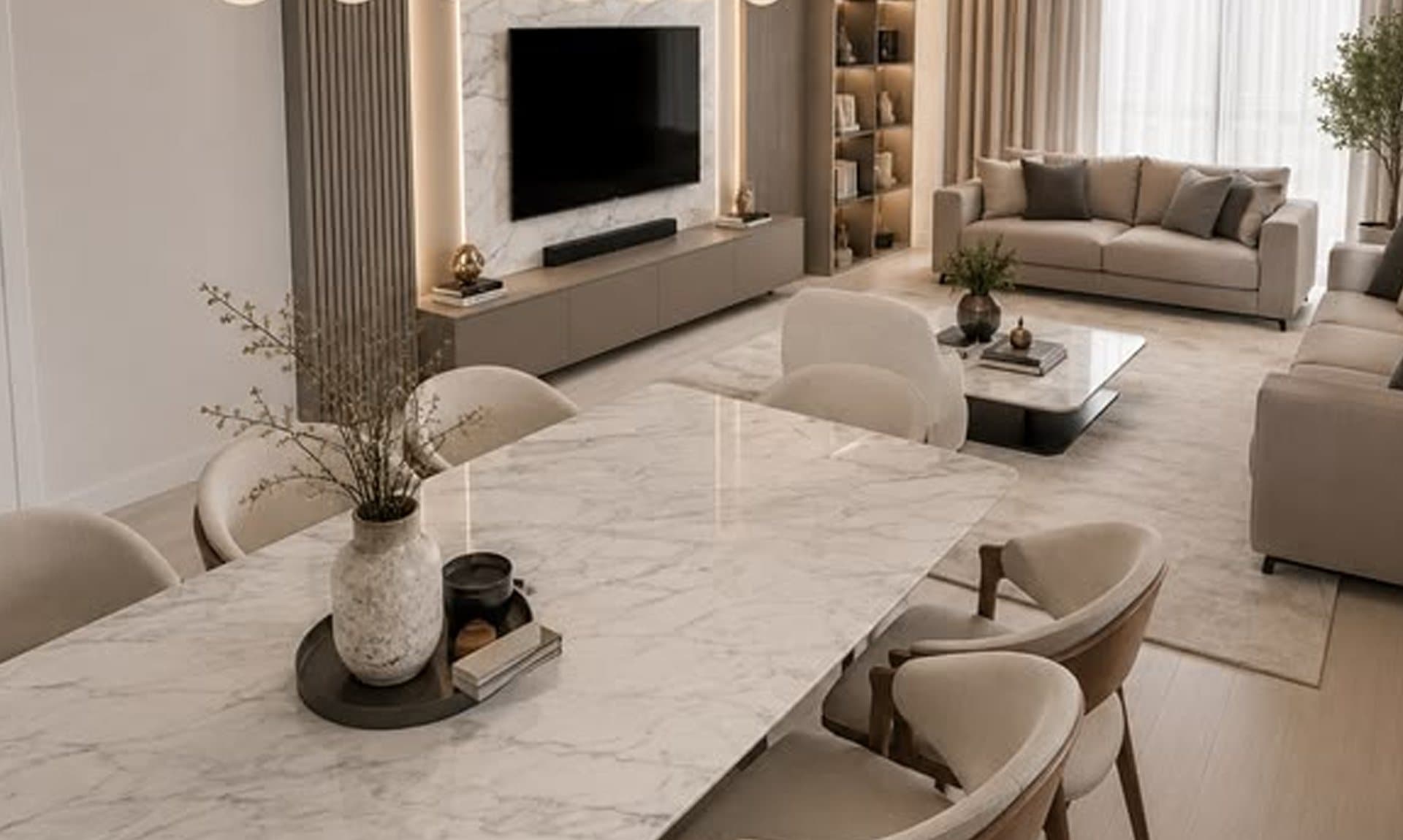 Modern dining and living room with custom furniture