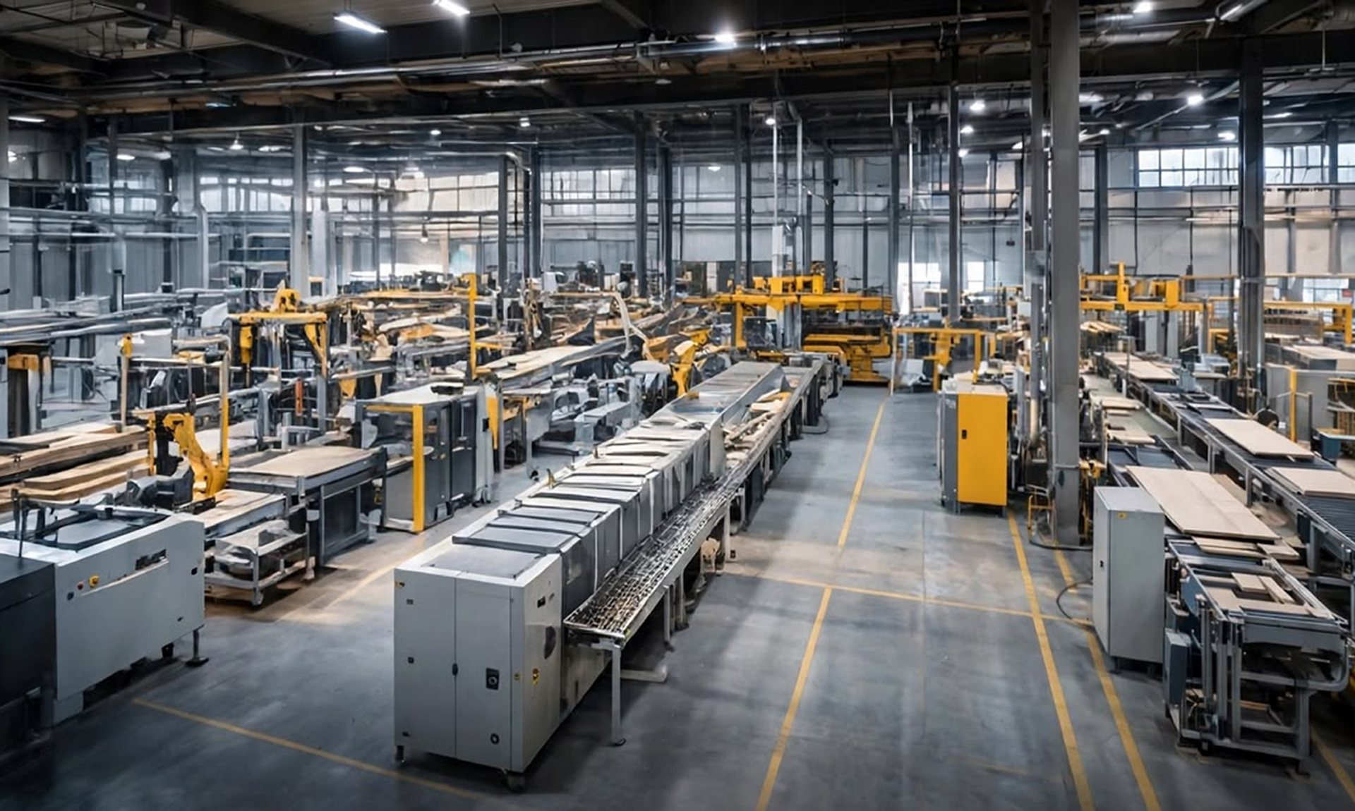 Wide view of a woodworking factory floor with machines and production lines